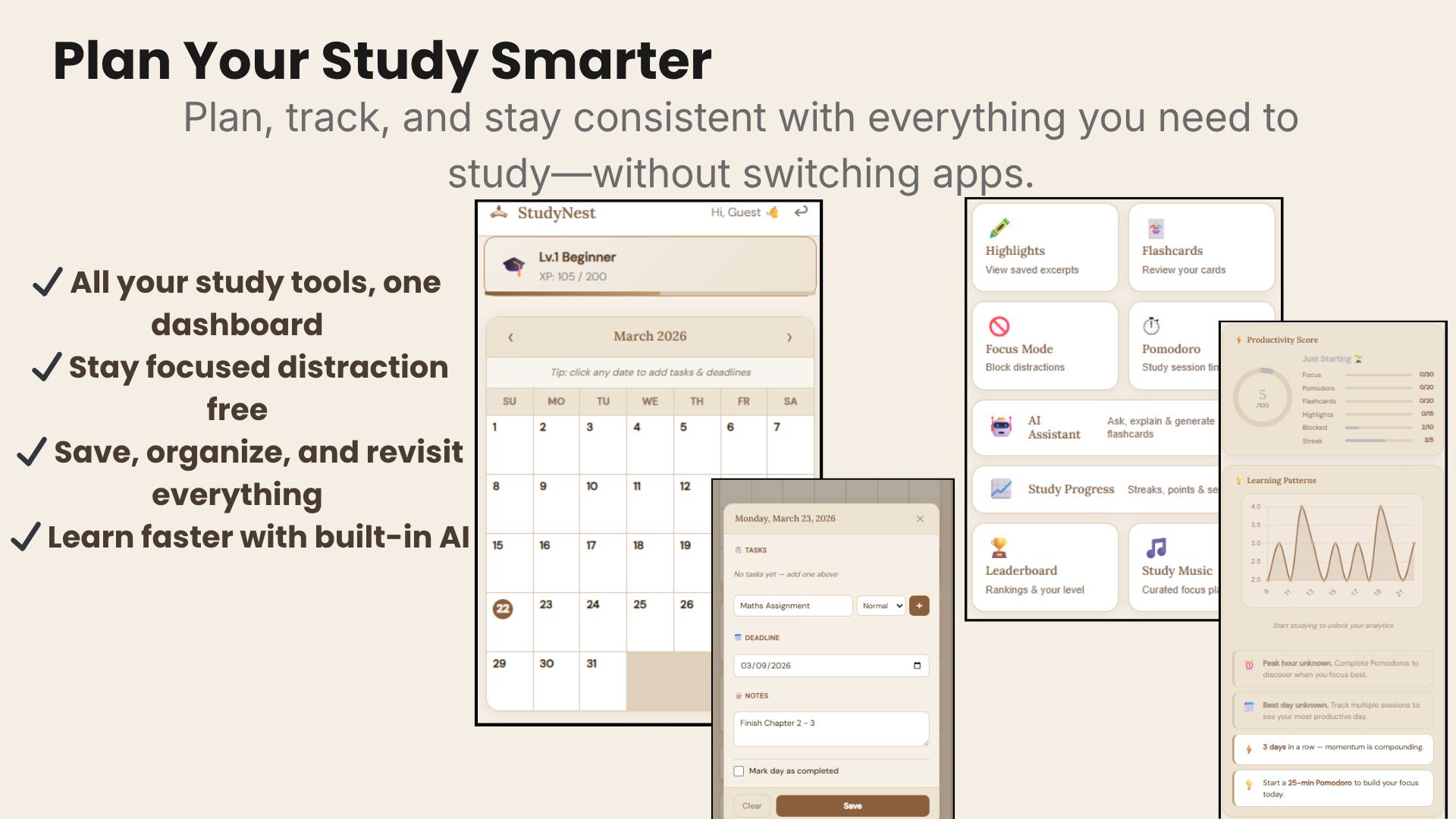 StudyNest Dashboard — streak, XP, AI tip, today's tasks