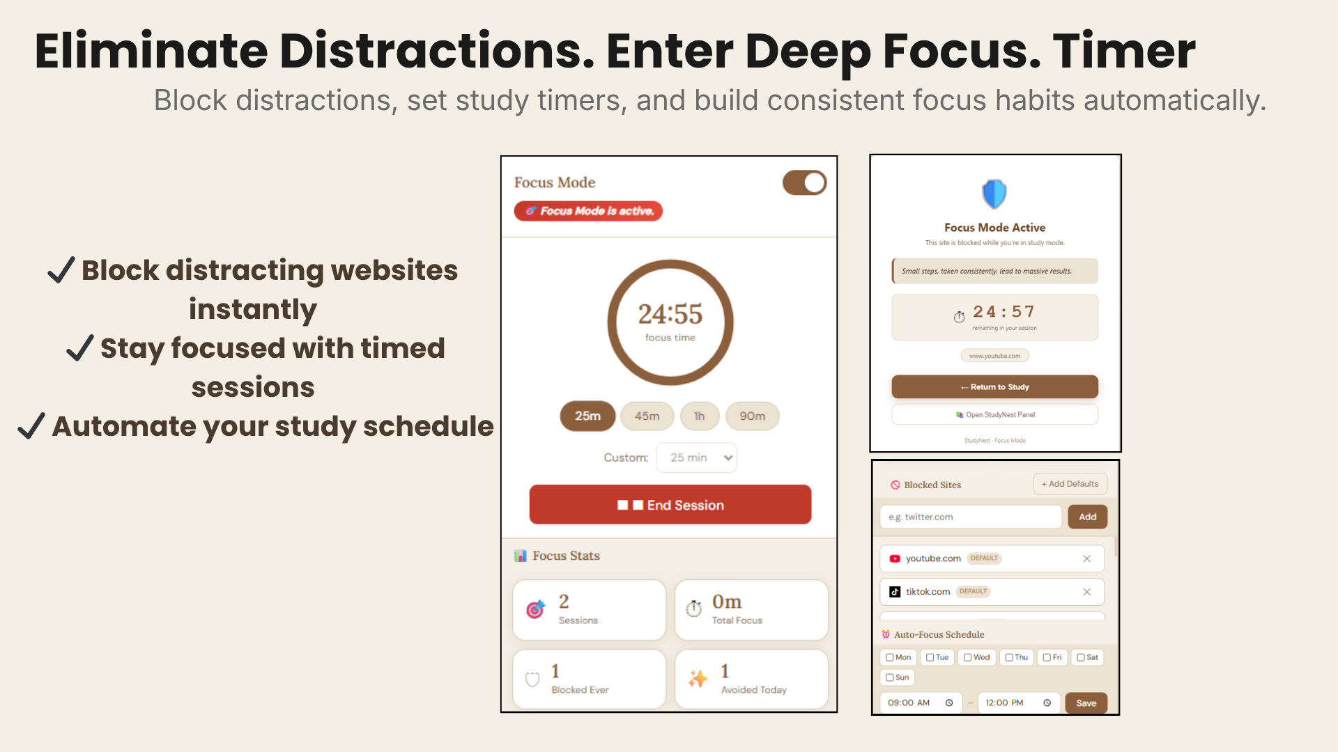 StudyNest Focus Mode — Pomodoro timer and site blocker