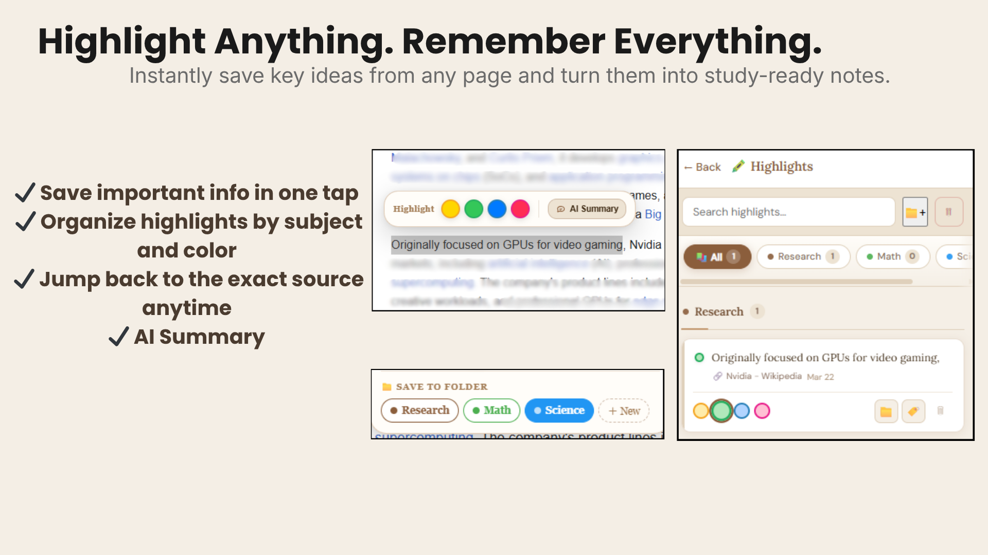 StudyNest Highlights — folder organization and color coding