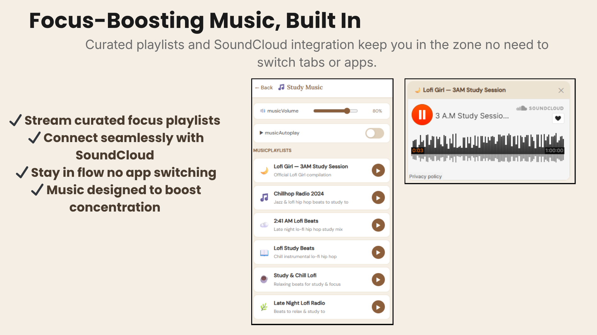 StudyNest Study Music — curated lo-fi playlists for focus