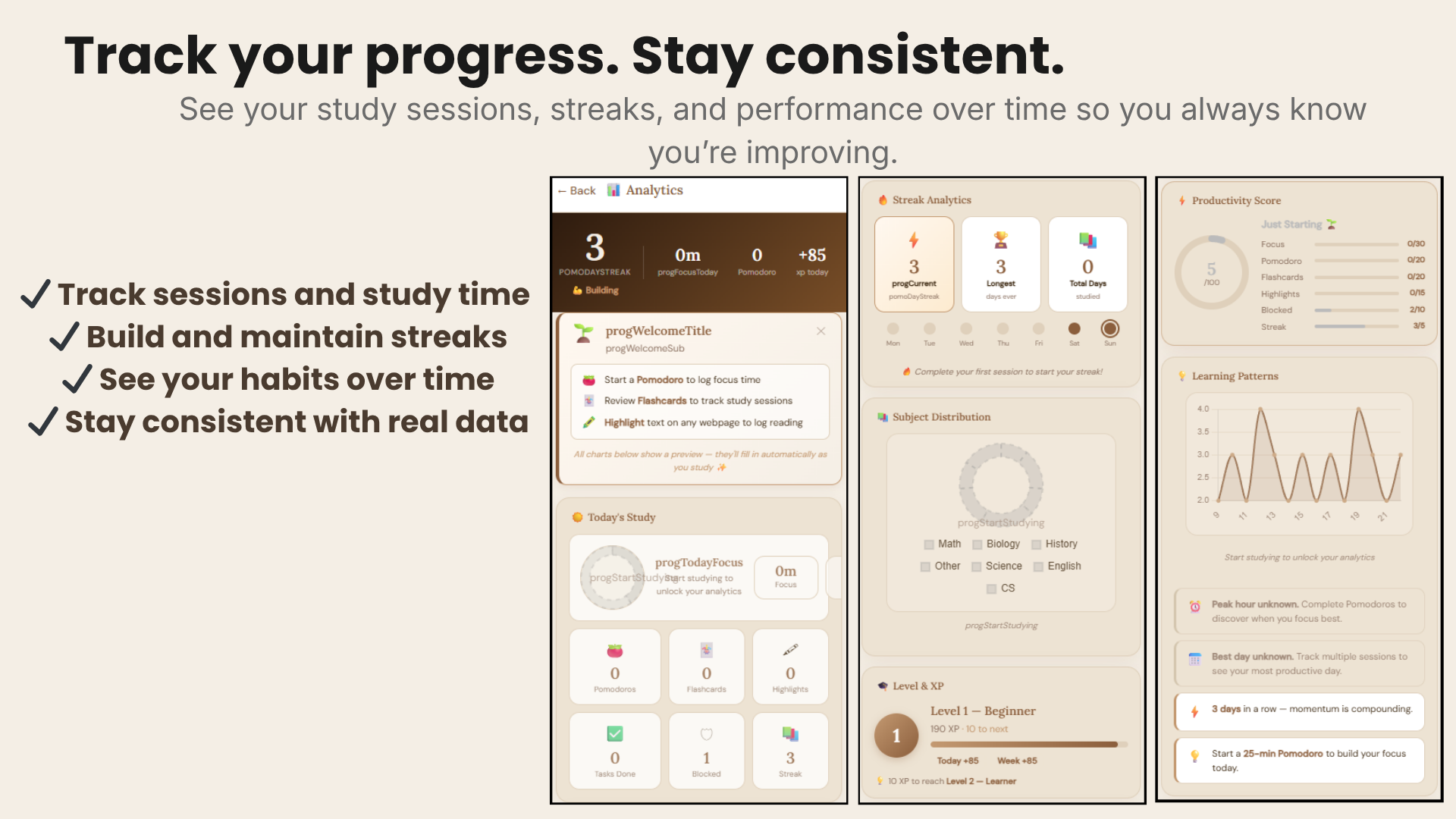StudyNest Progress analytics heatmap and subject breakdown